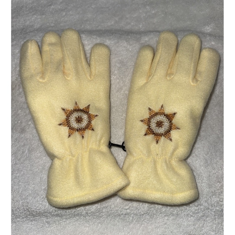 Vintage Fleece Gloves Embroidered With Native Star Pattern Yellow Color